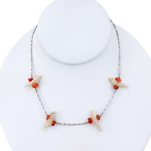 Vintage Sterling Liquid Silver 925 Coral Mother Of Pearl Bird Necklace 15"